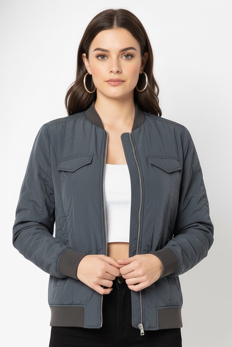 LACOSTE Women Plain Bomber Jacket, Grey - Image 2